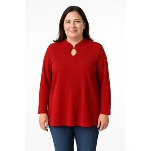 NWOT Belle by Kim Gravel Red Embellished Keyhole TripleLuxe Tunic Top Large